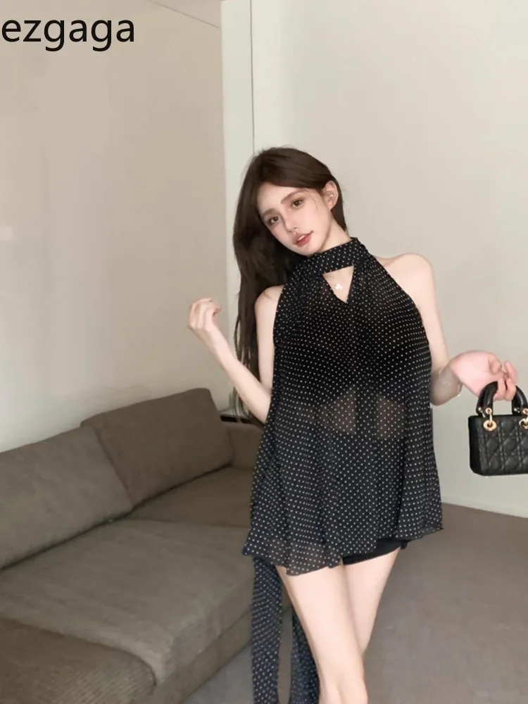 Ezgaga Sleeveless Blouse Women Polka Dot Ribbon Bandage Stretch See Through Elegant Tops Halter Sexy Ladies Shirts Casual