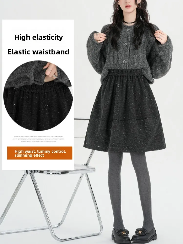 Puffy A-Line Woolen Flower Bud Skirt Women's Autumn Winter Knee-Length Half Skirt with Sweater Grey Five-Point Skirt