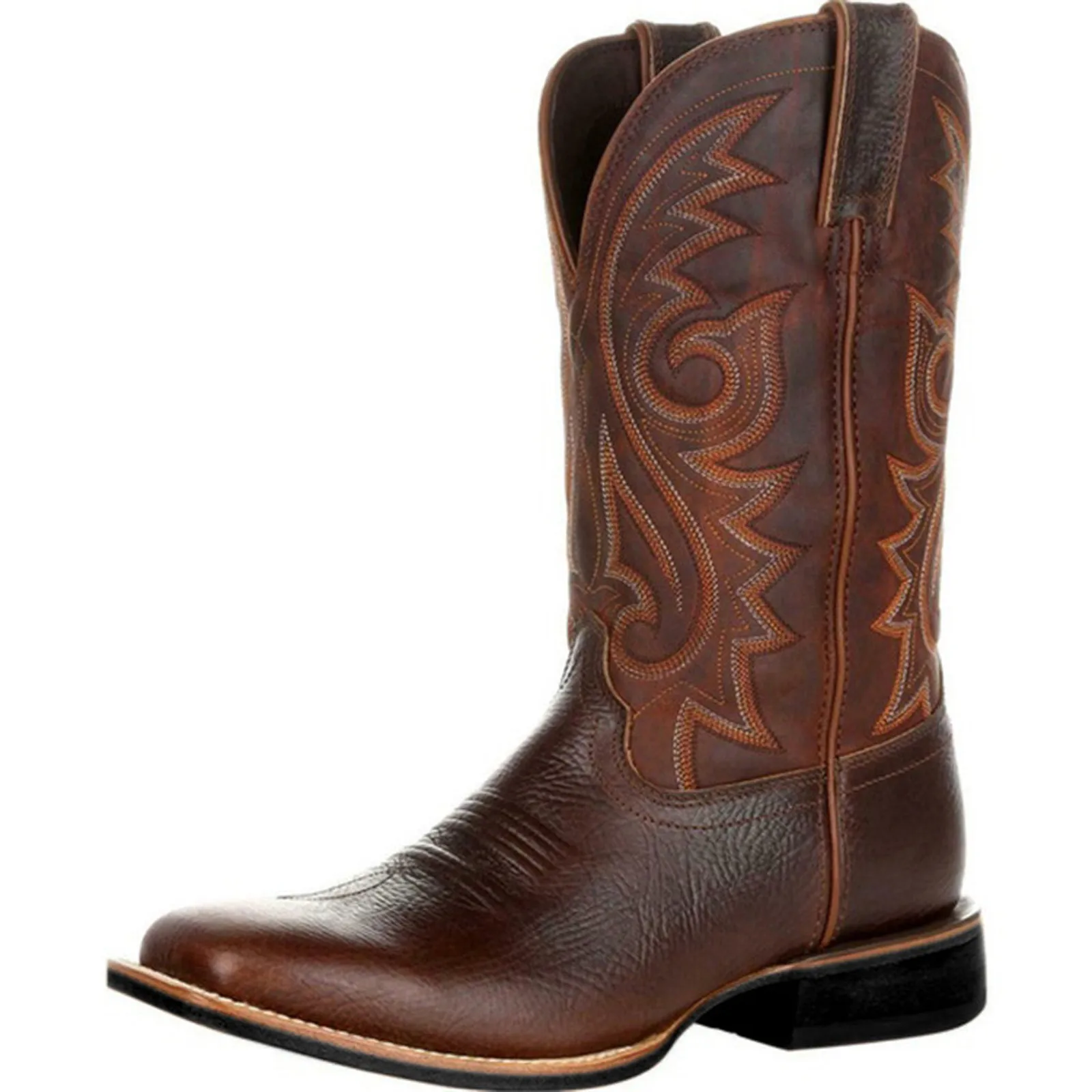 Western Motorcycle Knight Cowboy Boots Men High Quality Embroidered Mid Calf Leather Boots Casual Designer Male Shoe Comfortable