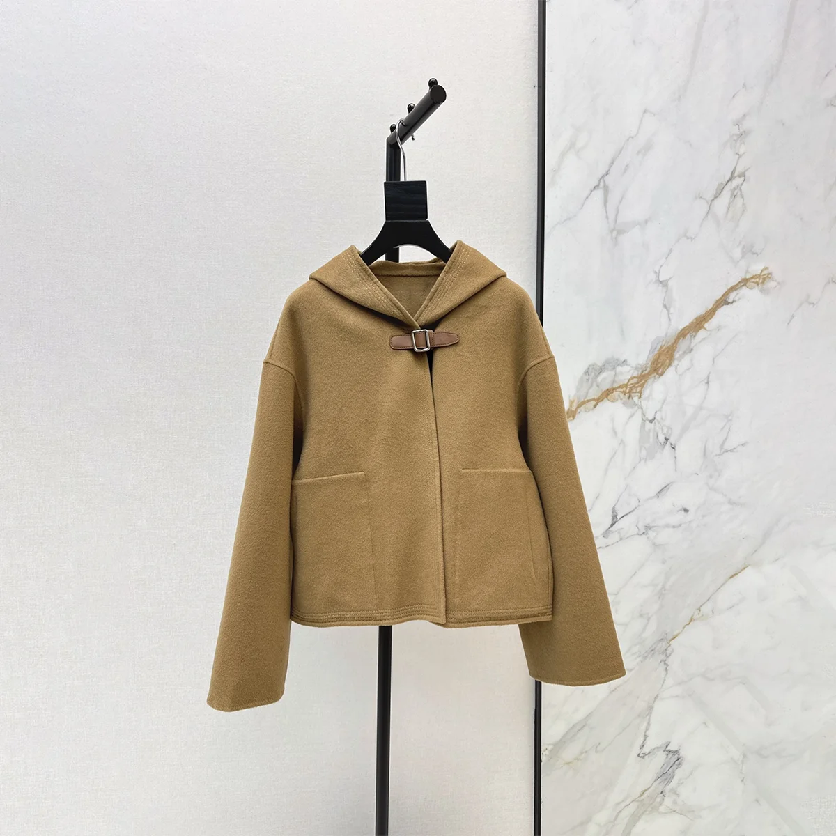 2026 high-quality women's hooded leather buckle short imitation double-sided woolen jacket--hb812