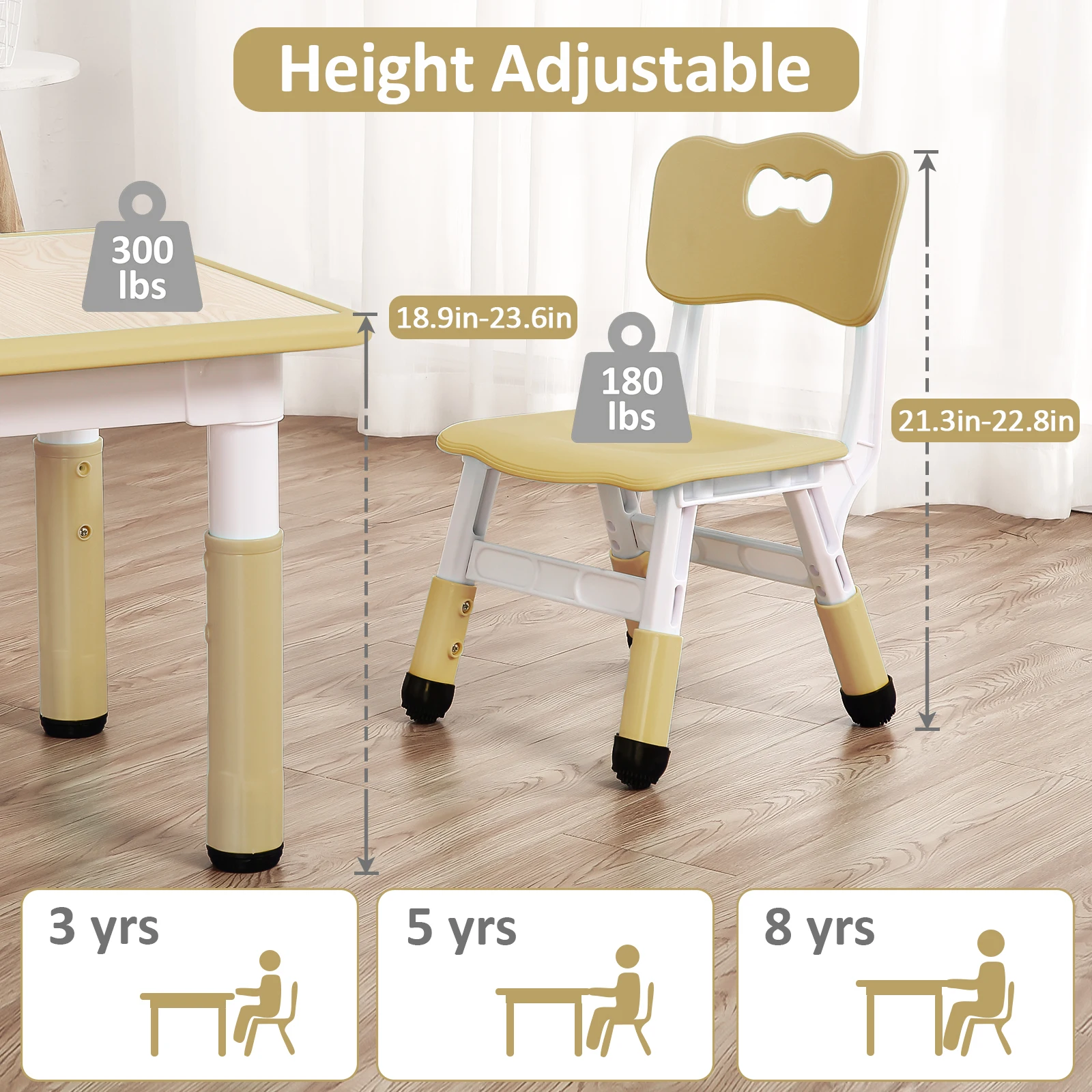 Kids Table and 4 Chairs Set, Height Adjustable Toddler Table and Chair Set for Ages 3-8, Easy to Wipe Arts & Crafts Table