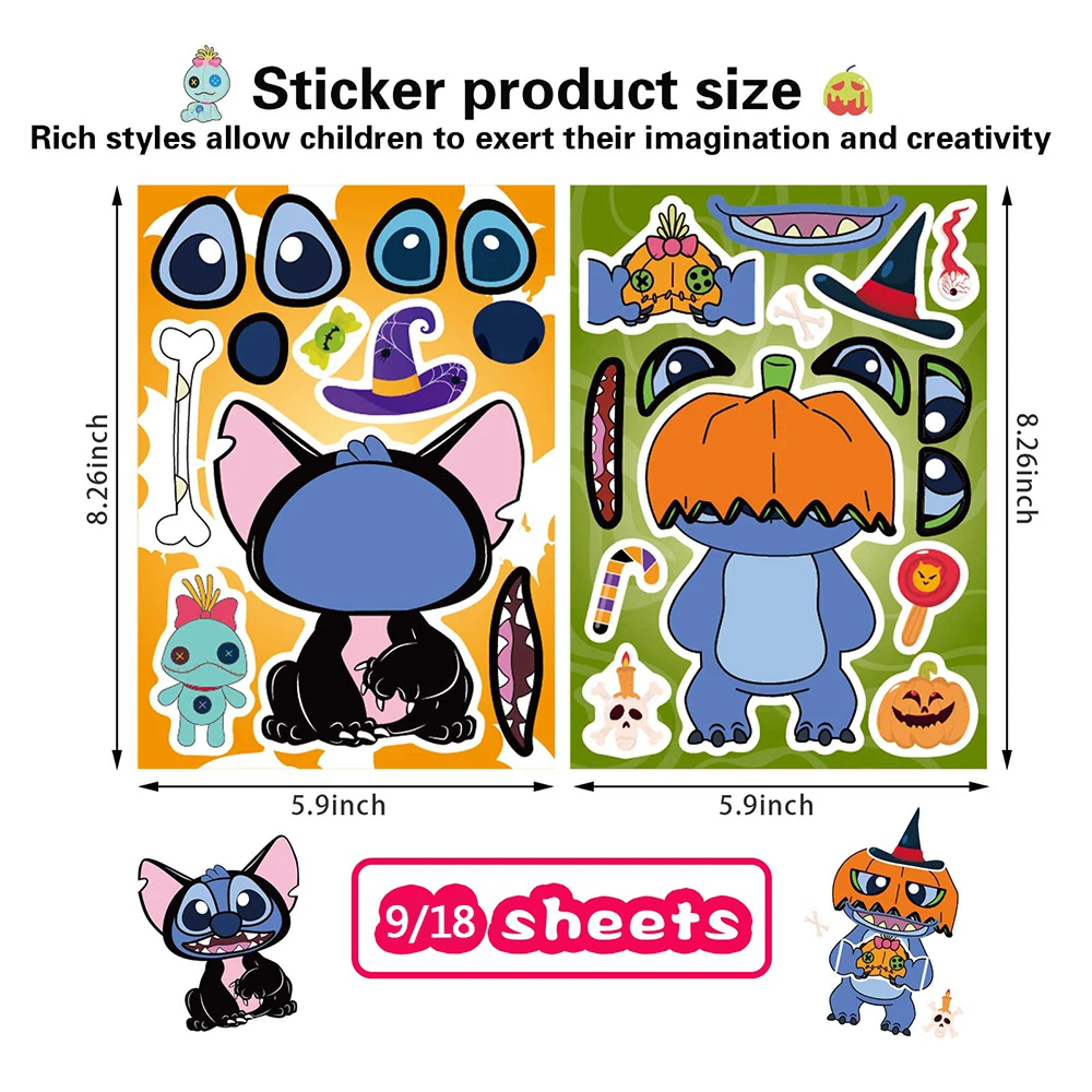 9/18Sheets DIY Make-a-Face Stitch Puzzle Stickers Disney Cartoon Kids Educational Toy Assemble Jigsaw Party Game Gift Decoration