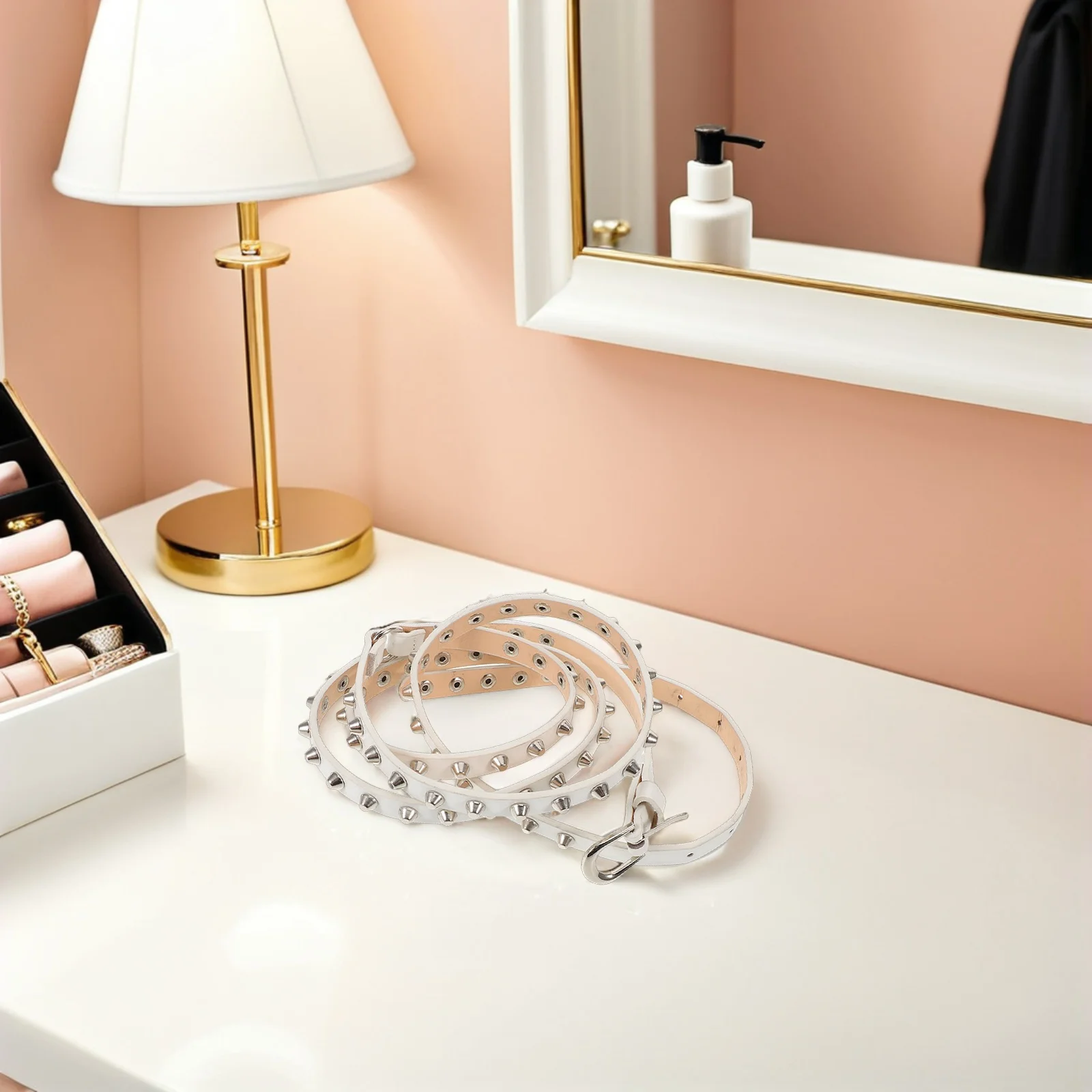 

Adjustable Women Punk Belt White PU Studded Thin Band Rivets for Skirts Music Festival