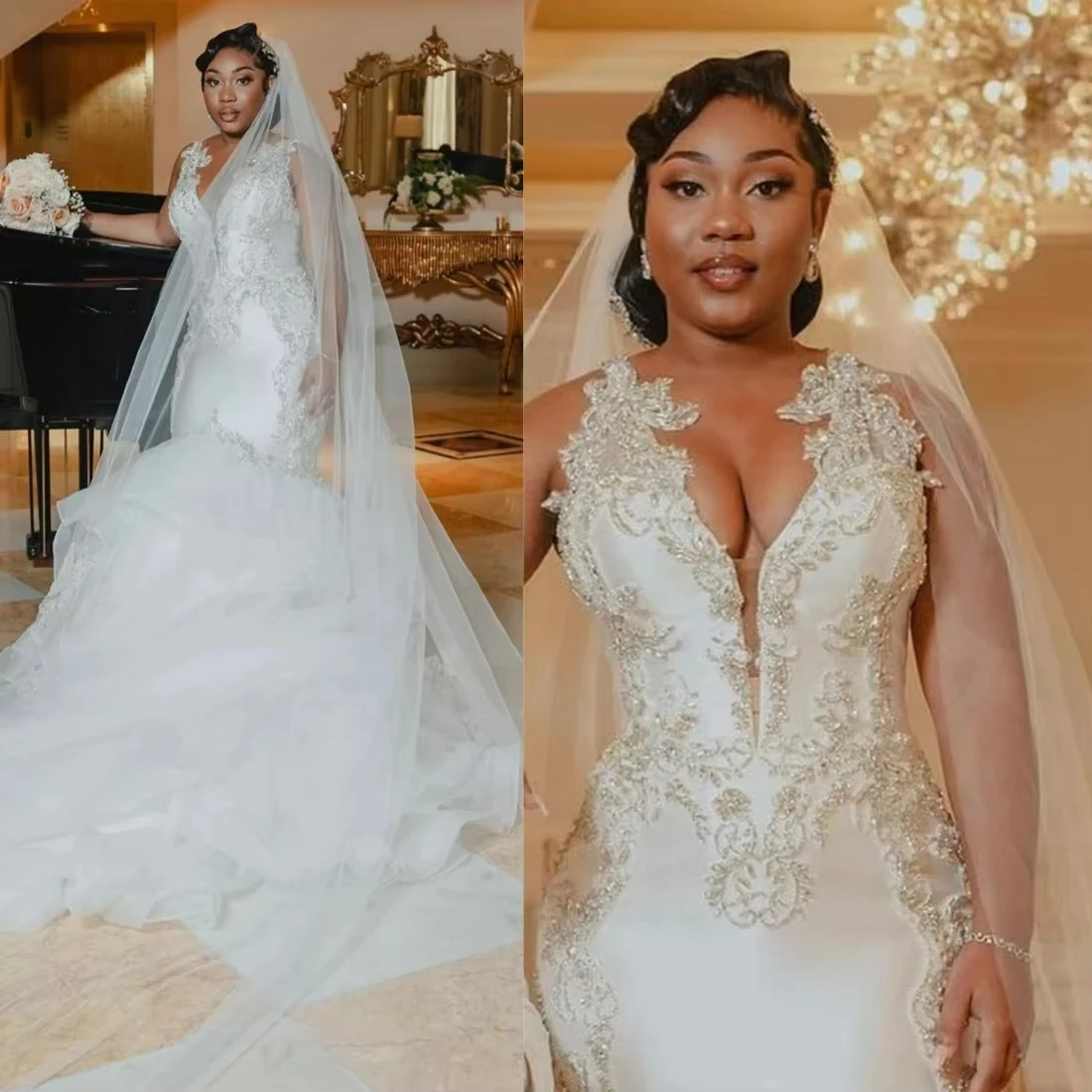 تخصيص الخامس الرقبة بلورات يزين فستان الزفاف للعروس المتدرج الأورجانزا الزواج بالإضافة إلى حجم حورية البحر أثواب الزفاف