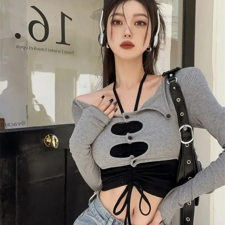 

Fake Two-Piece Off-Shoulder Long-Sleeved T-Shirt Bottoming Shirt For Women Autumn New Popular Versatile Niche Slim Short Top