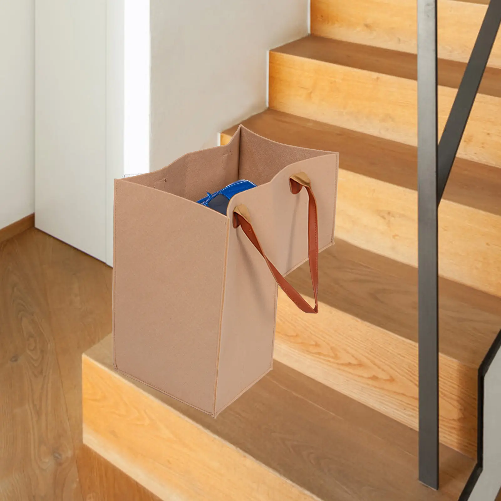 Foldable L-Shaped Stair Basket Organizer for Wooden Carpeted Stairs Multi-Functional Laundry Basket Large Utility Tote Household