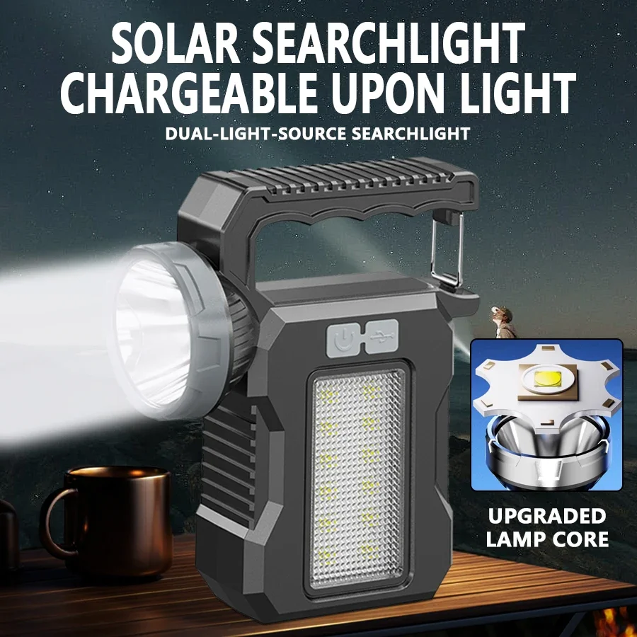 Outdoor Solar Searchlight Powerful Camping Lantern Long Range Handheld Spotlight Torch Emergency Lamp Waterproof COB Hiking Lamp