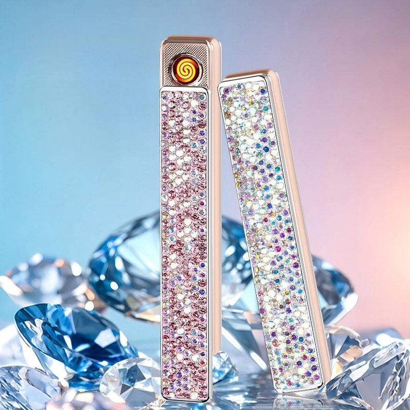 Mini Ultra Thin Diamond Studded Rechargeable Lighter Compact And Simple Ins High Value Cigarette Lighter Windproof Ignition Tool