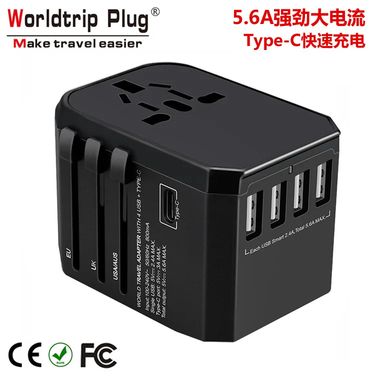 5.6A Fast Charging Type-C Universal Travel Adapter Plug, Multi-Functional Connector Compatible with Multiple Countries Worldwide