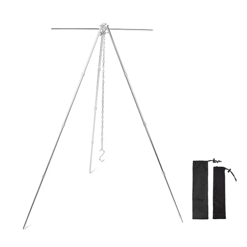 

DW-Silver Outdoor Aluminum Alloy Tripod Hanger Storage Rack Portable Crossbar Set Retractable Hanging Pot