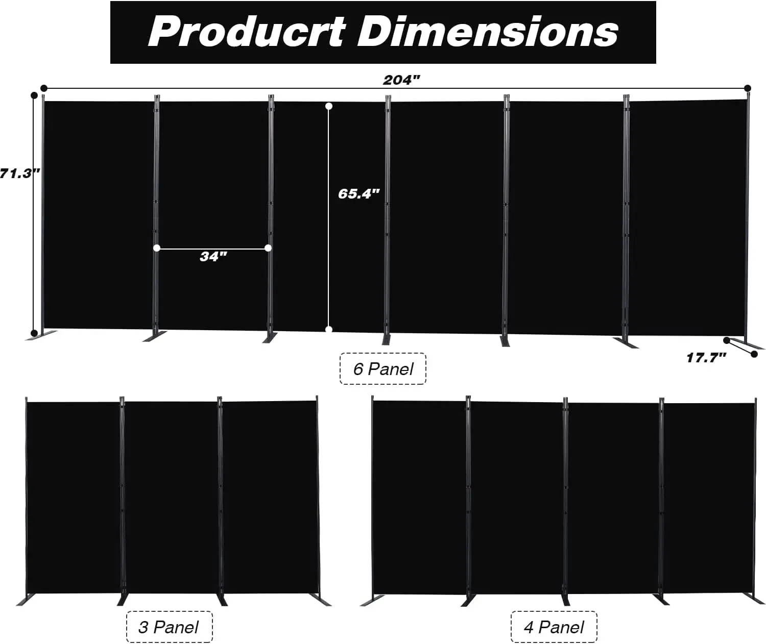 71 Inch Height Black 6 Panel Folding Privacy Room Divider With Wide Stable Support Feet Portable Flexible Partition Screen For Indoor Space Separation