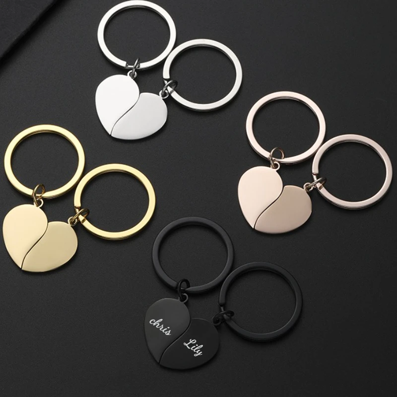 2PC Set Personalize Name Couple Heart Matched Metal Keychain Laser Custom Logo Keyring Stainless Steel Lover Key Chain Ring Gift
