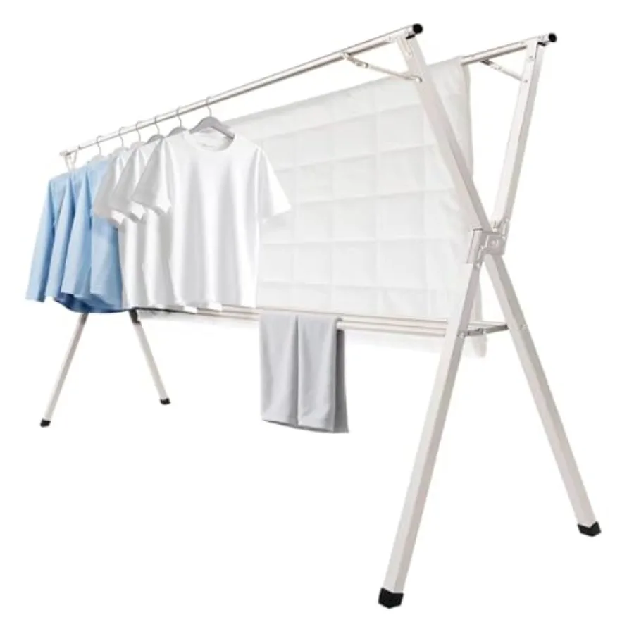 

95 inches foldable heavy duty stainless steel clothes drying rack with adjustable length for indoor and outdoor use featuring 3