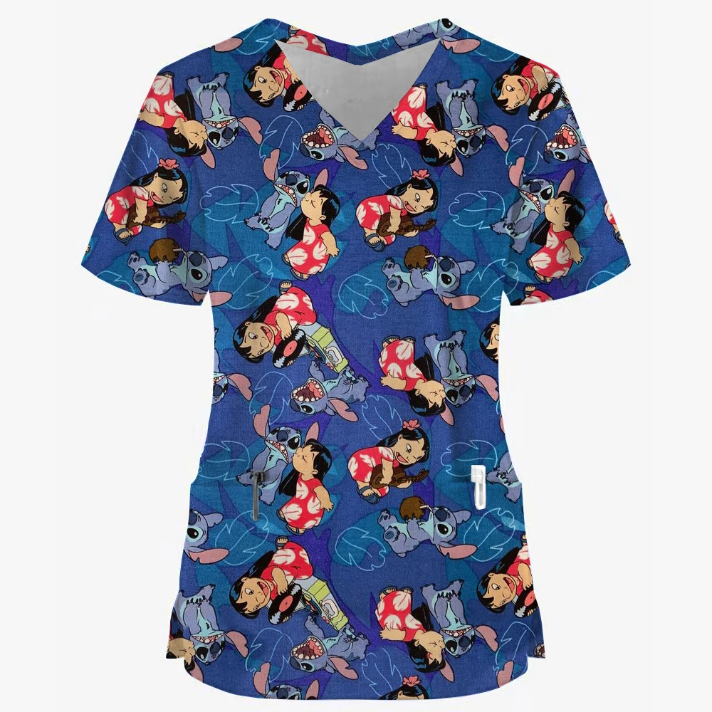 Lilo & Stitch Disney Summer Pocket New Woman T-shirts Hospital Nurse Uniform T-shirt Y2k V Neck Clothing Uniform Pocket Neck Y2k