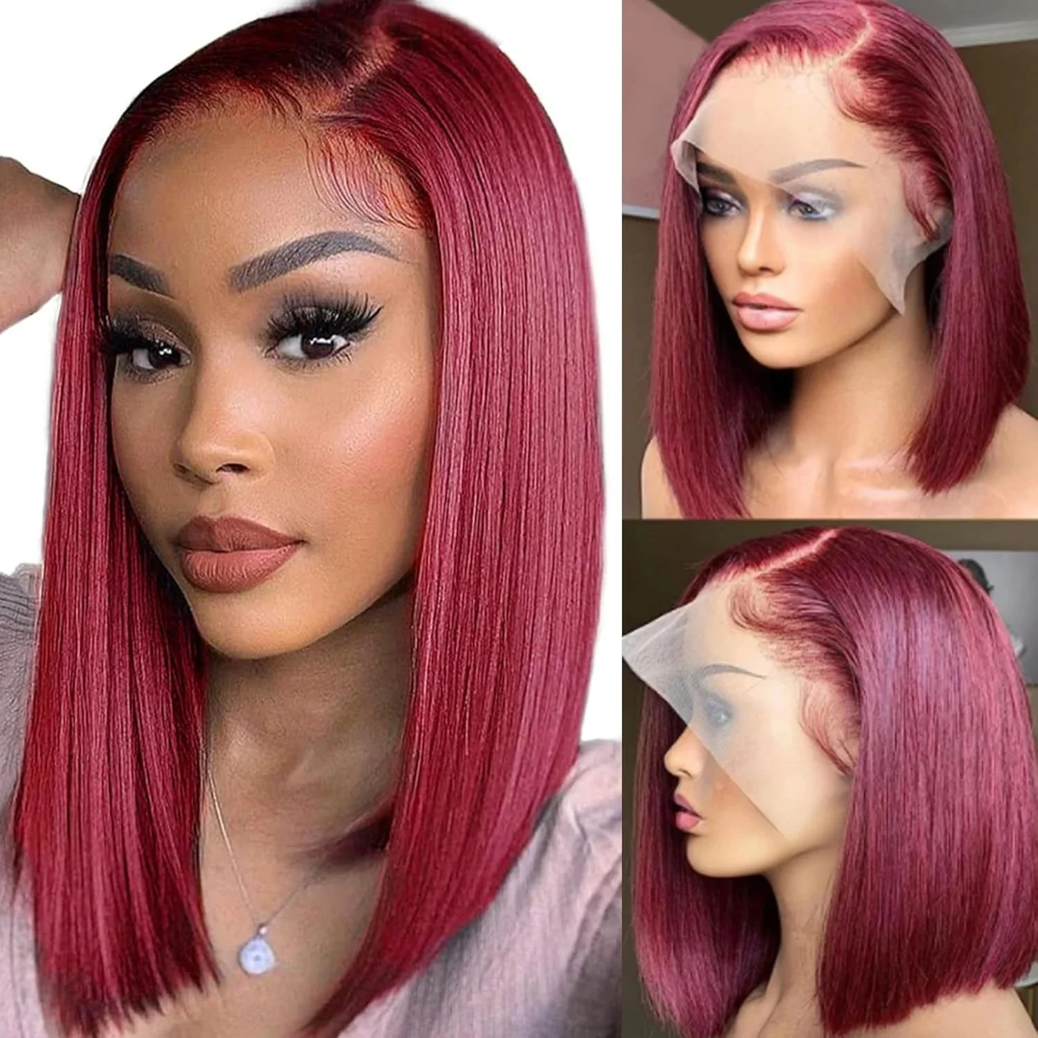 13x4 99J Burgundy Bob Wig Red Human Hair Lace Front Wig Bone Straight Tranparent Lace Front Human Hair Wig Remy Pre Plucked