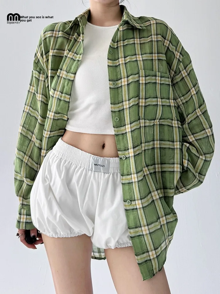 

Лето 2023, женская свободная посадка в клетку, длинный воротник-свек, защита от солнца, винтажная американская длина миди, модная