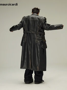 Men's Distressed Black PU Leather Trench Coat 4 Mauroicardi Spring Autumn Long Distressed Black Pu Leather Trench Coat Men Belt Double Breasted Luxury European Fashion 2024 4