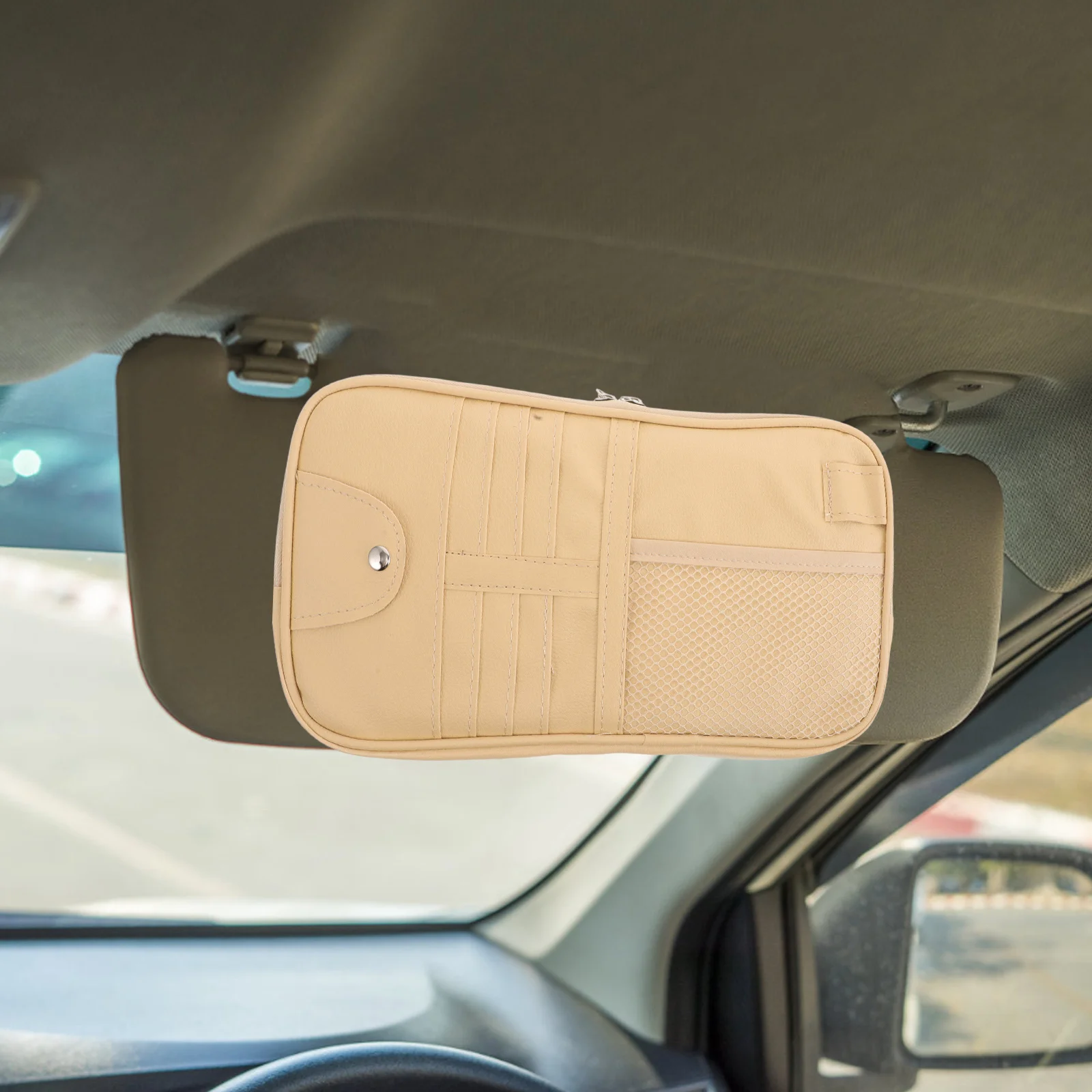 

Car Sun Visor Organizer Storage Pouch Beige Large Capacity Glasses Holder For Cards Documents Small Items Durable Pu Compact