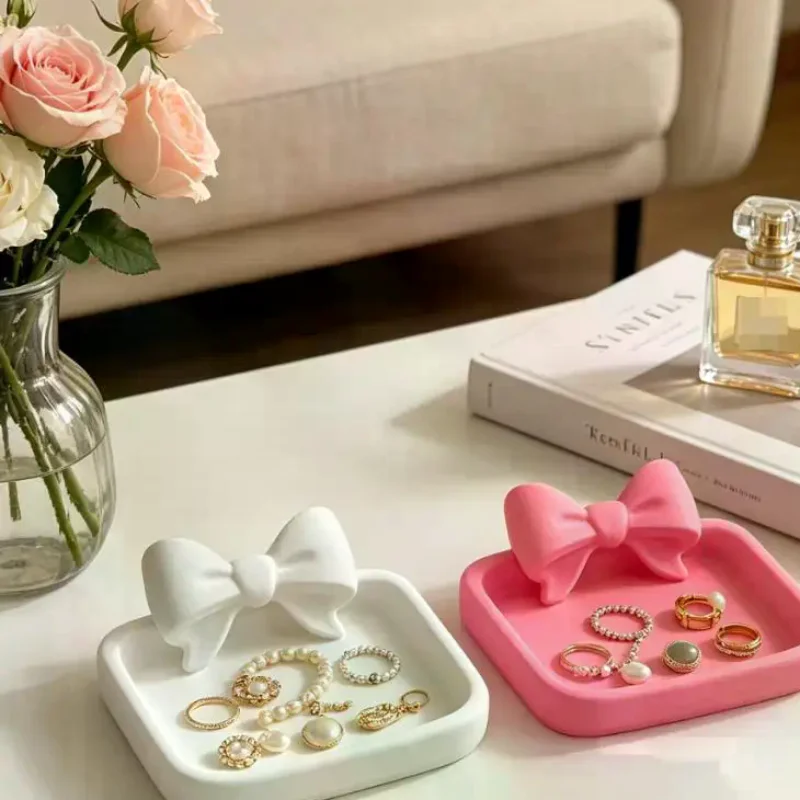 1Pcs Heart-Shaped 3D Printed Jewelry Tray With Pink Bow, Elegant Decor For Table, Sink & Office Desk, Perfect For Jewelry
