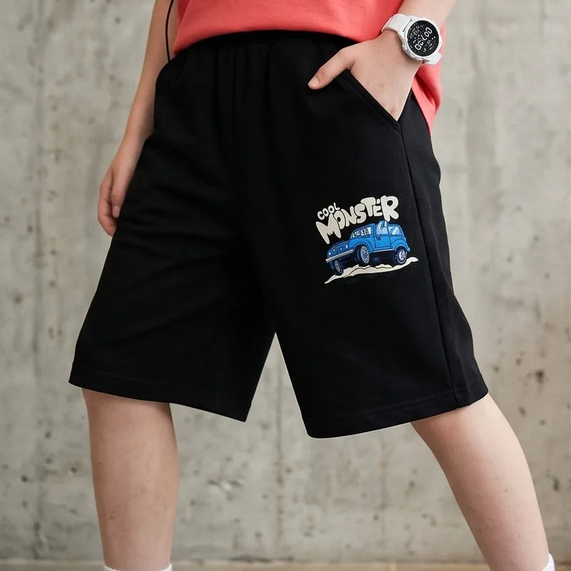 3‑14Y Boys Summer Knee‑Length Sweat Shorts Trendy Cartoon Monster Off‑Road Car Print Cotton Sport Shorts With Side Pockets