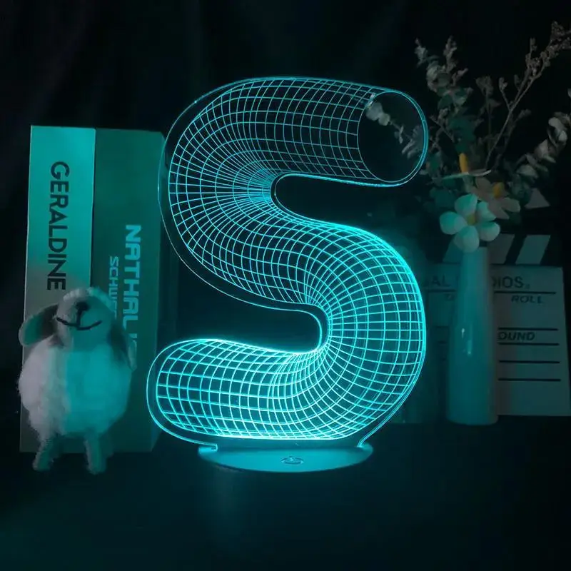 Letter S Nachtlampje 3d Lamp Usb Bediend 7 Kleuren Tafel Licht Slaapkamer Sfeer Licht Desktop Decor Lampen Voor Cadeau-Ideeën