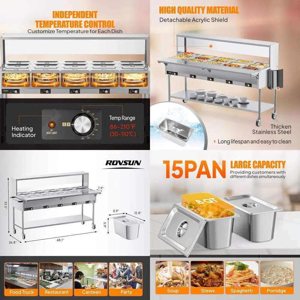 

120QT Electric Commercial ood Warmer 2500W, 15-Pan Steam Table 8QT/Pan StainlSteel Bain Marie w/Overshel Undershel Separate Temp
