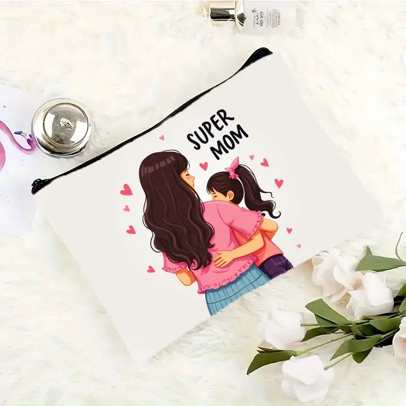 Super Mom & Daughter Hug Print Cosmetic Organizer - Cute Mother-Daughter Makeup Bag with Zipper Closure, Soft Fabric Travel