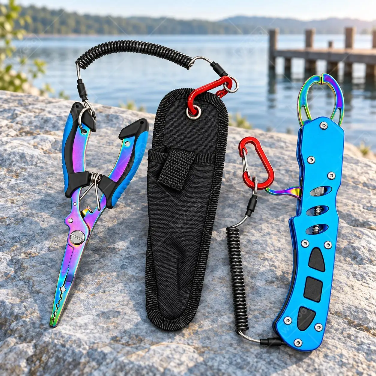 Blue Saltwater Fishing Pliers 16cm Titanium Coated Hook Remover Line Cutter Split Ring Opener Lanyard Sheath Gripper for Sea