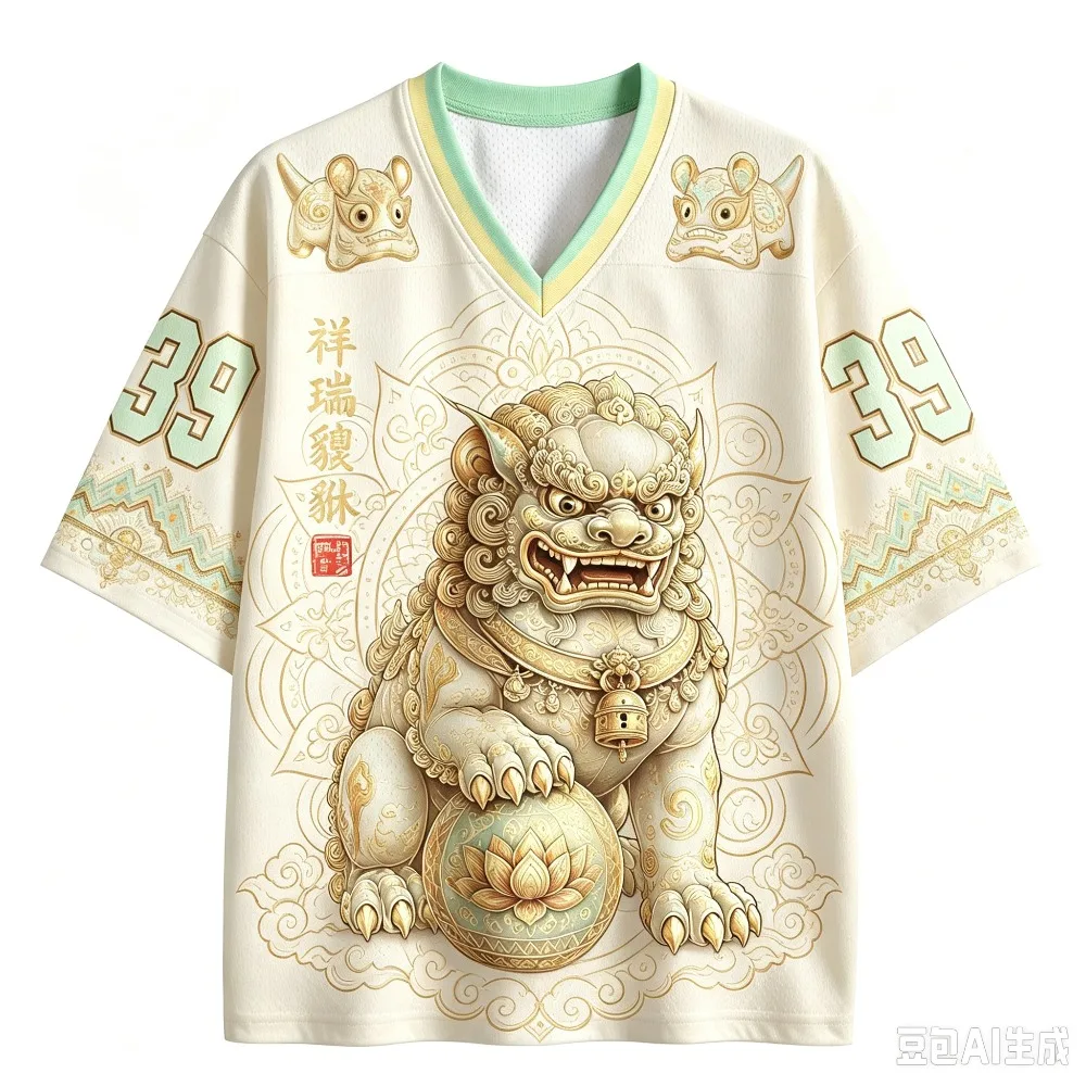 Chinesisches Phönix-Löwen-3D-Druck-Design, lässiges, atmungsaktives T-Shirt mit V-Ausschnitt für Damen und Herren – Y2K Street Hip-Hop Sportliches Oberteil – Detail 6