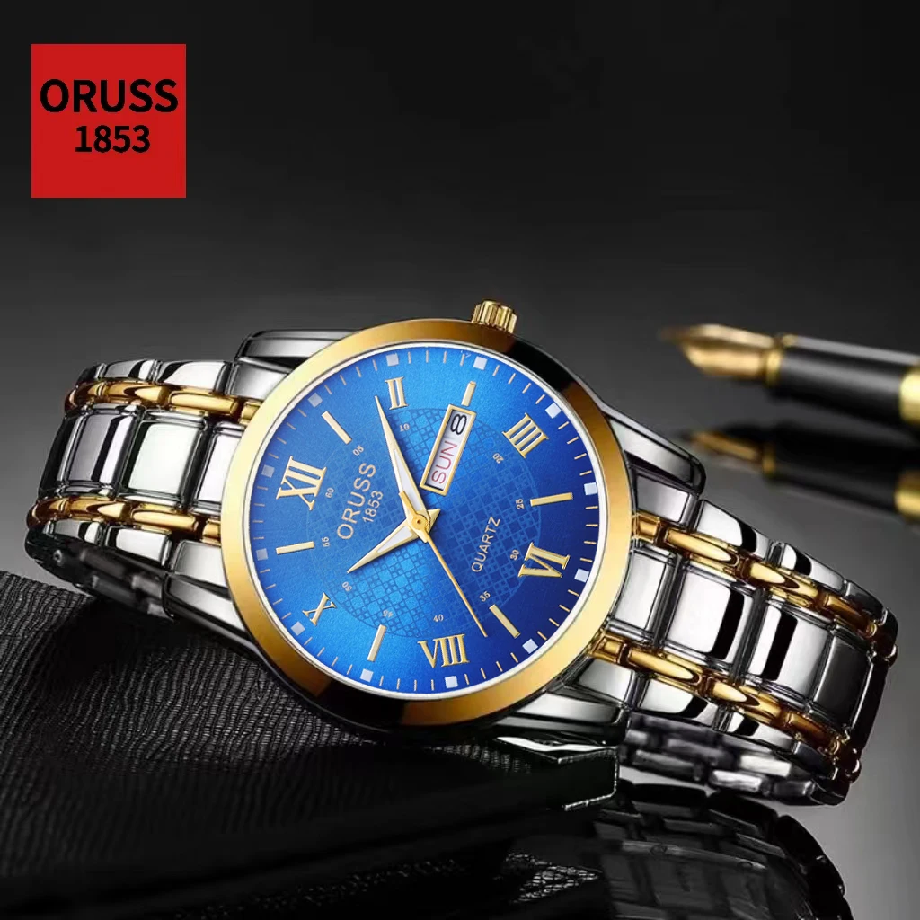 ORUSS الأصلي الرجال الفولاذ المقاوم للصدأ التقويم المزدوج مقاوم للماء مضيئة ساعة ذهبية فاخرة موضة كوارتز ساعة اليد الذكور وصول جديد