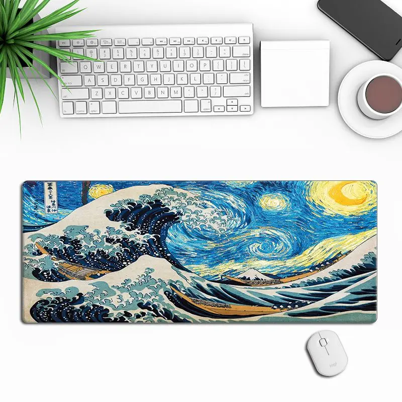 VIKAMA Starry Night Great Wave Desk Pad Waterproof Gaming Mouse Mat Ukiyo-e Table Mat Art Style Desktop Decor For Art Lovers