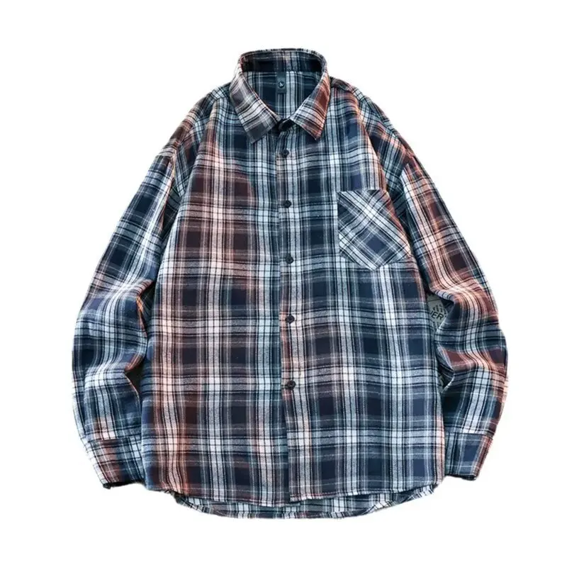 Vintage masculino primavera outono xadrez confortável camisa de manga longa casual turn down collar listrado camisas sociais e blusas