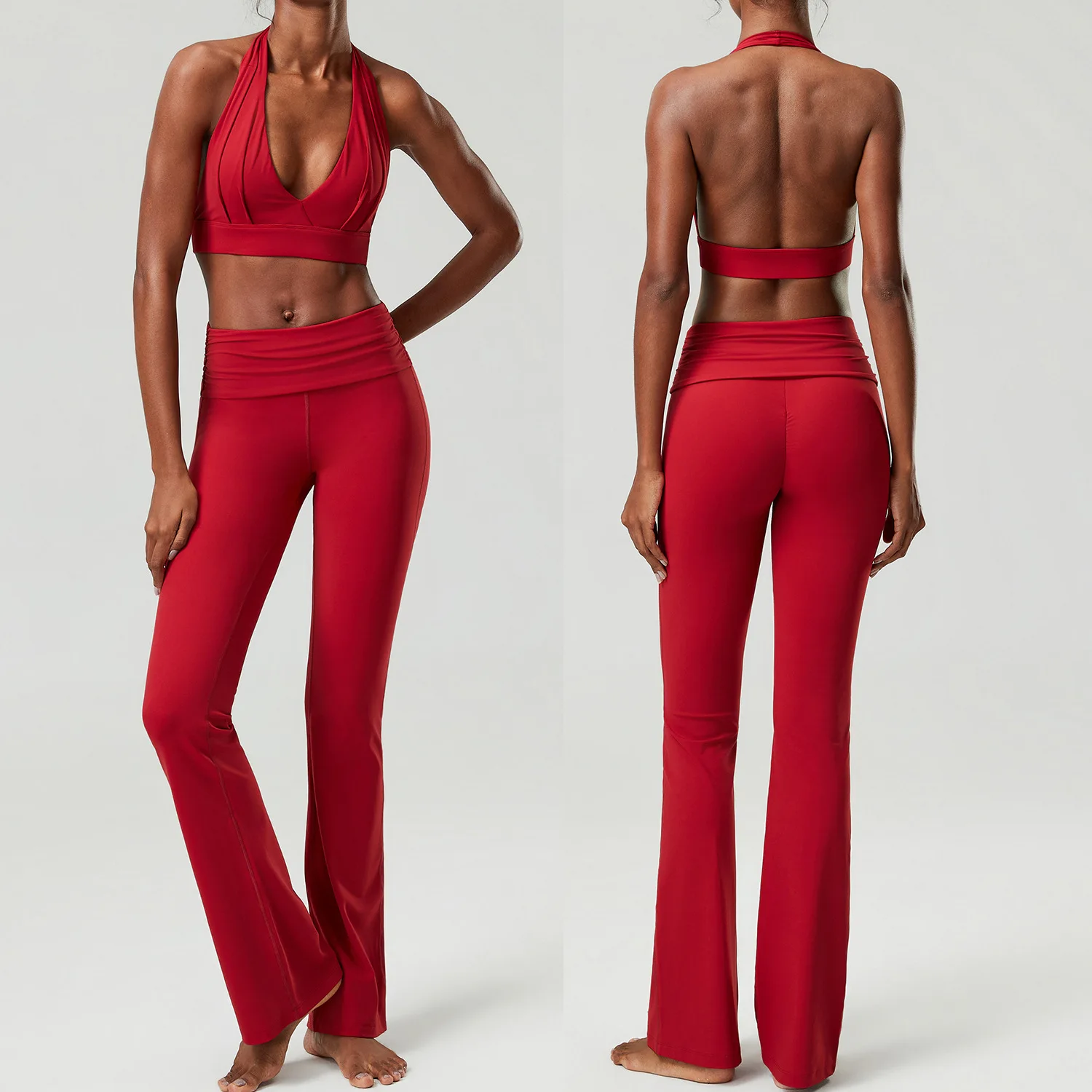 Women Soft Strethcy Gym Suit Solid Color High Impact Bra Bell-Bottoms Yoga Set Female Breathable Quick Dry Workout Clothes