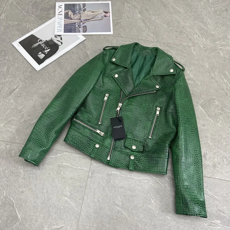 2024 Autumn Winter Lambskin Motorcycle Jackets Fashion Short Green Crocodile Pattern Women First Layer Real Leather Jackets Coat