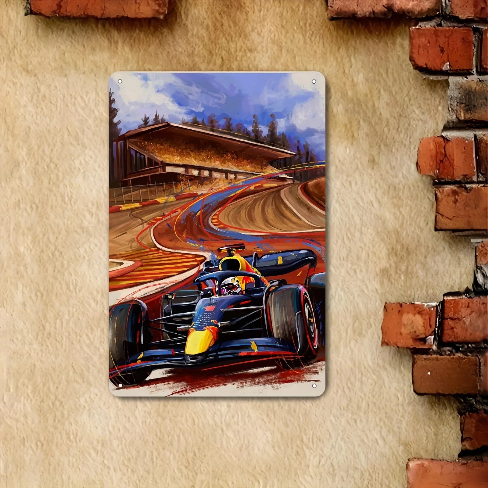 Racing Car Tin Sign, in Unframed Wall Decor for Kitchen, Bedroom, Club, Office - Vibrant Race Track Design with Red,B