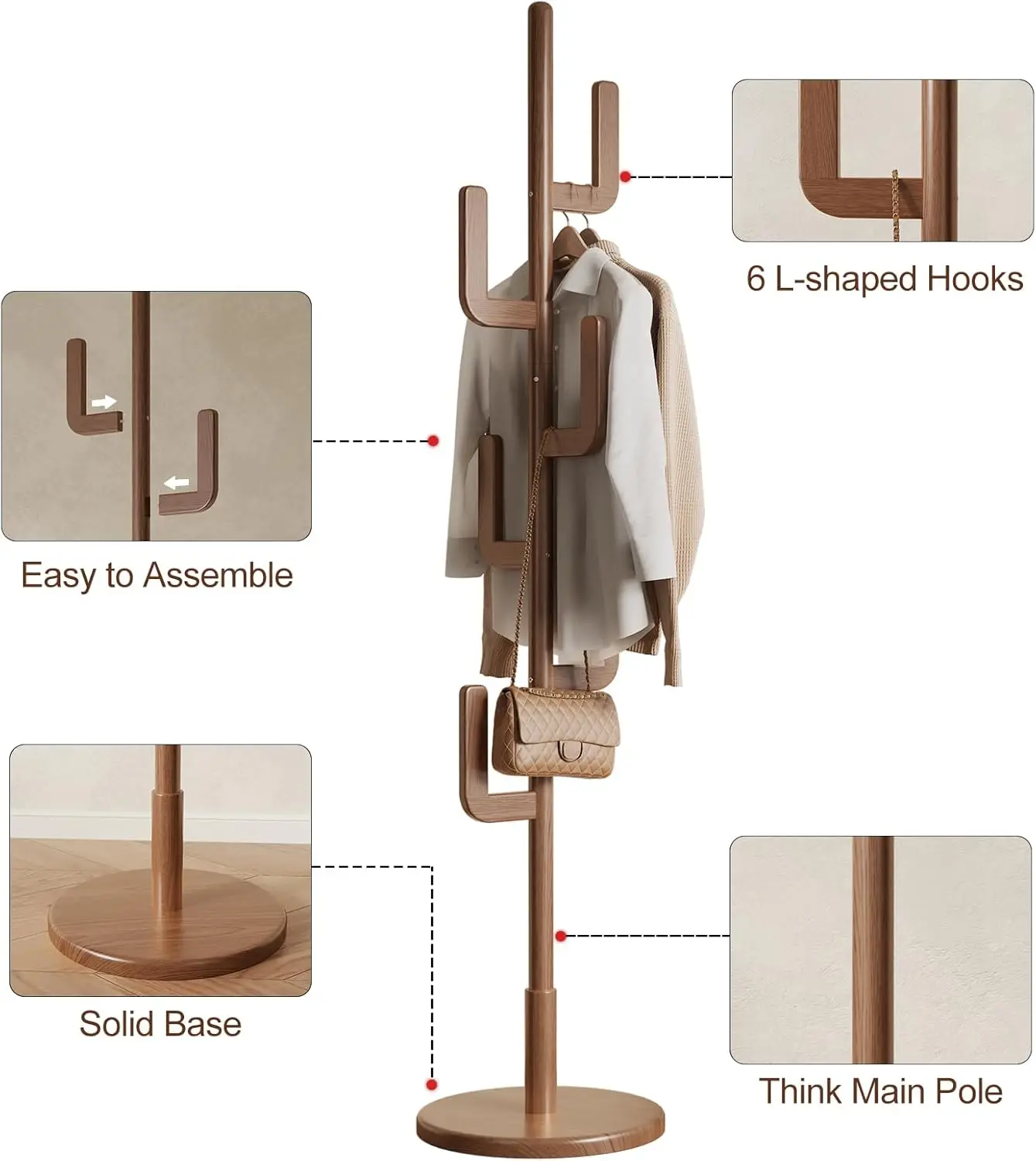 Вешалка для горячей одежды, вешалка для одежды из цельного дерева кактуса, отдельно стоящая вешалка для одежды с 6 L-образными крючками и 3 регулируемыми размерами, прочная