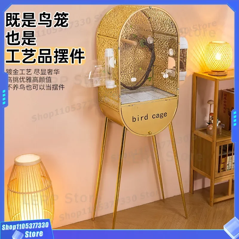 Luxury Golden Bird Cage Villa for Parrots Transparent Xuanfeng Peony Design Embroidered Eye Landscape Home Decor Wenniao