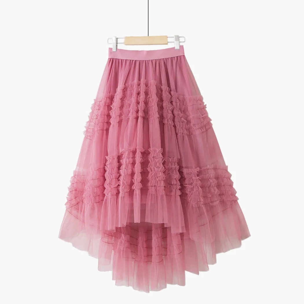 

2022 New Elastic High Waist Mesh Cake Skirt Women Fashion Sweet Solid Color Spring Autumn Petticoat Tulle Pleated Skirt Female