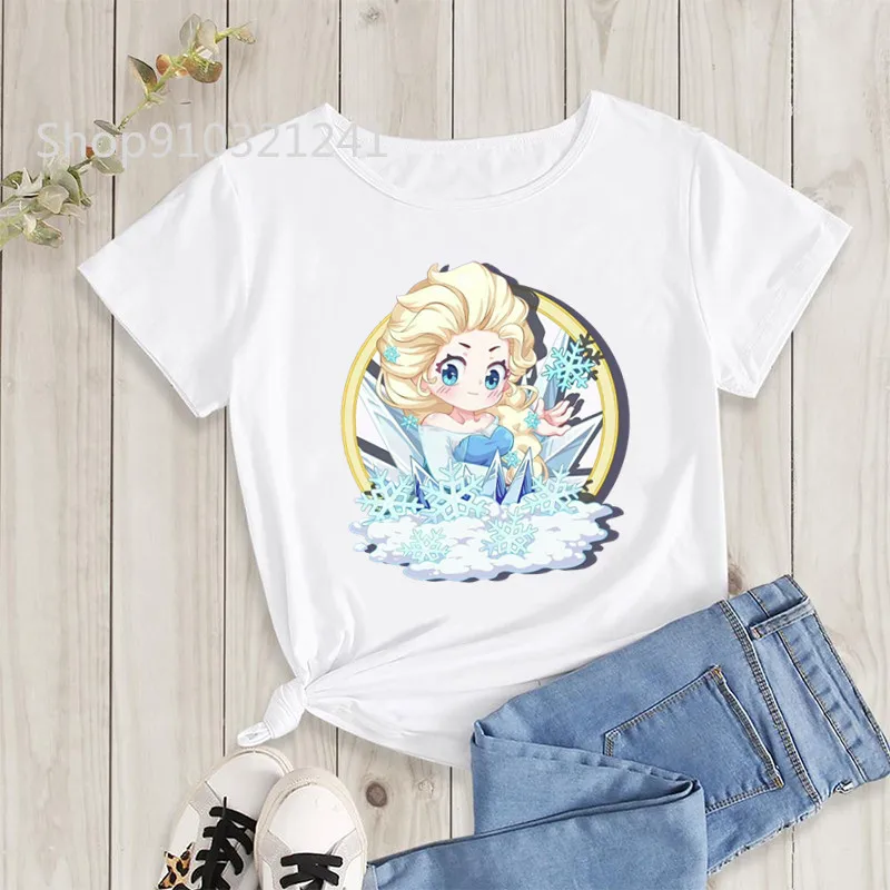 Elsa Process Printed T Shirts Girls Flower Cute Cartoon Belle Tshirt Female Hipster Short Sleeve Crewneck Tshirt Summer Top