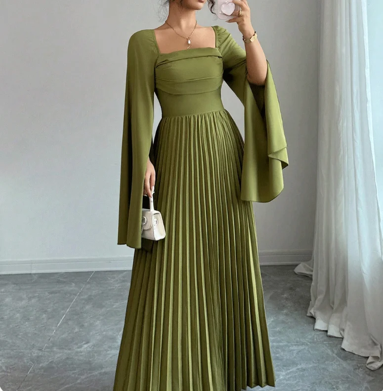 

Women Dress 2026 Spring Autumn New Solid Color Square Collar Long Sleeve High Waist Shirred Back Temperament Pleated Dress
