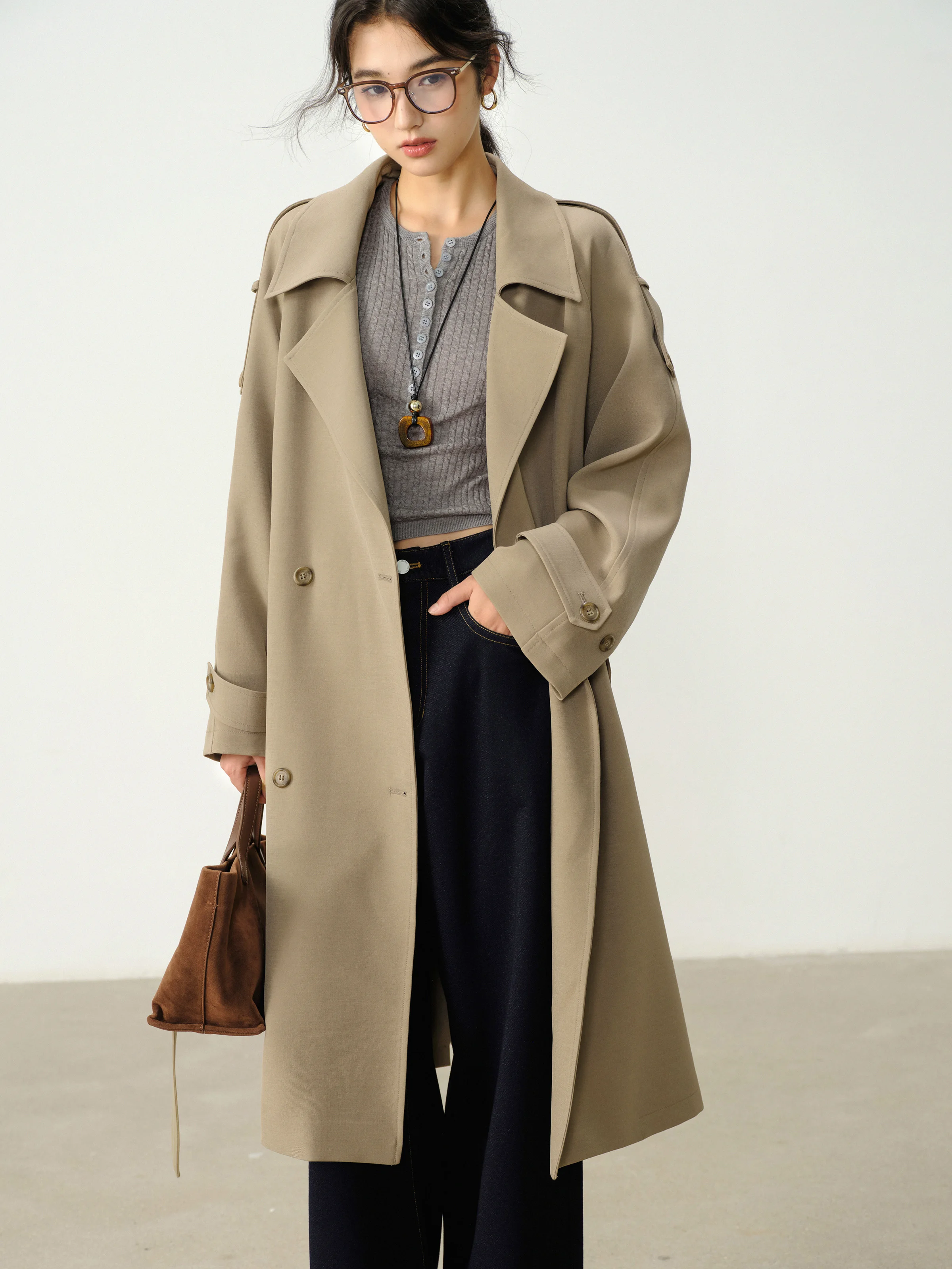 Autumn Double-Breasted Trench Women Vintage Lapel Long Outerwear Casual Chic Fall Fashion Coat for Elegant and Versatile Outfit