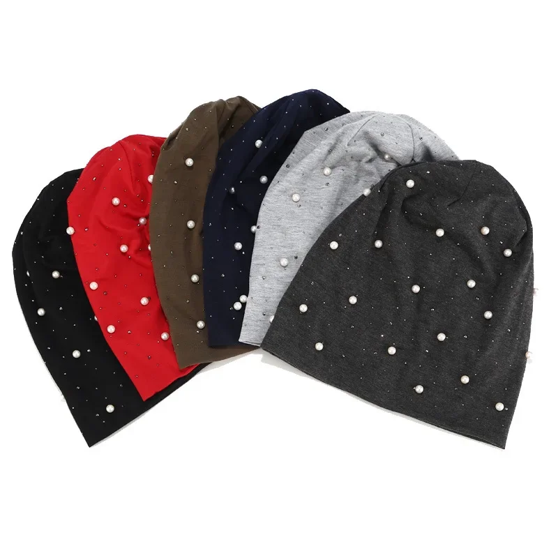 GZhilovingl Design Sparkle pearl Diamonds women hats Winter Spring Thin Polyester Stretch Slouch Beanies Cap Girls Hip hop Gorro