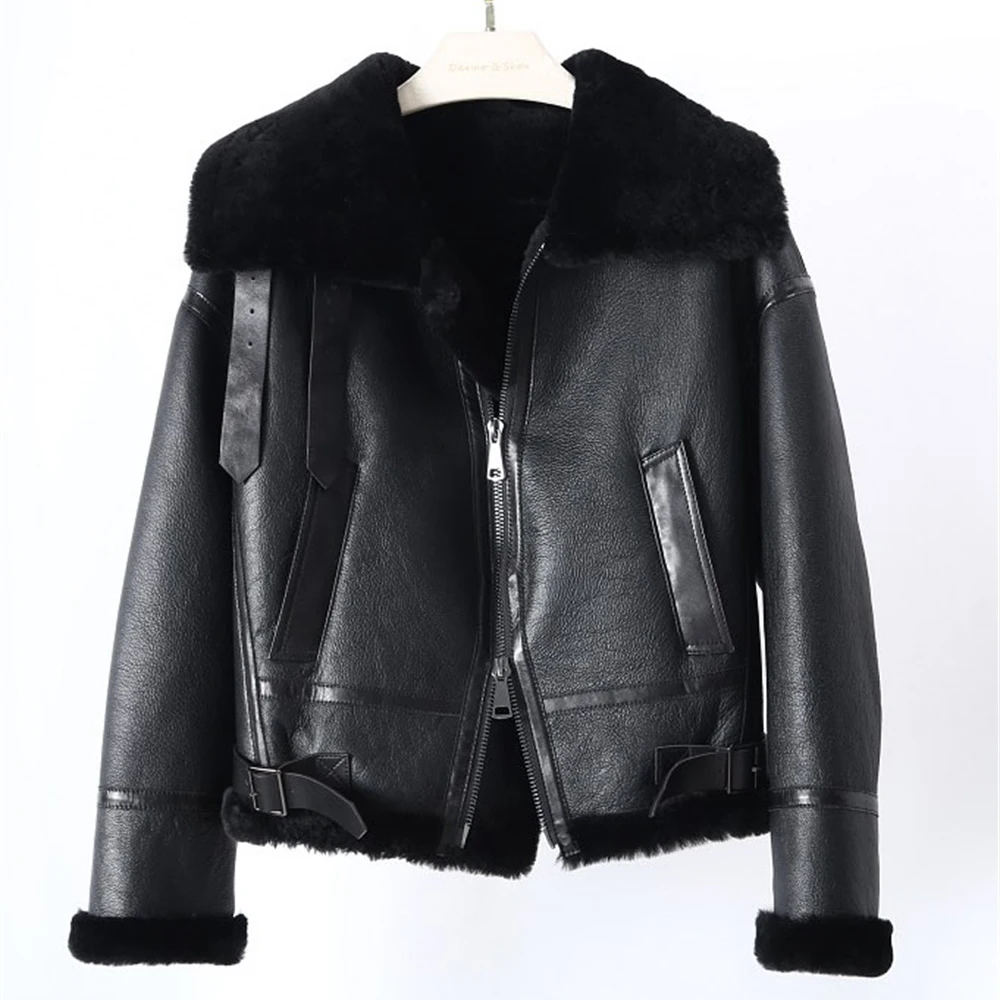 Bazaar Lamb Fur Shearling Clothing Women Full Pelt Short Moto Biker Fur Jacket Black Real Fur Overcoat