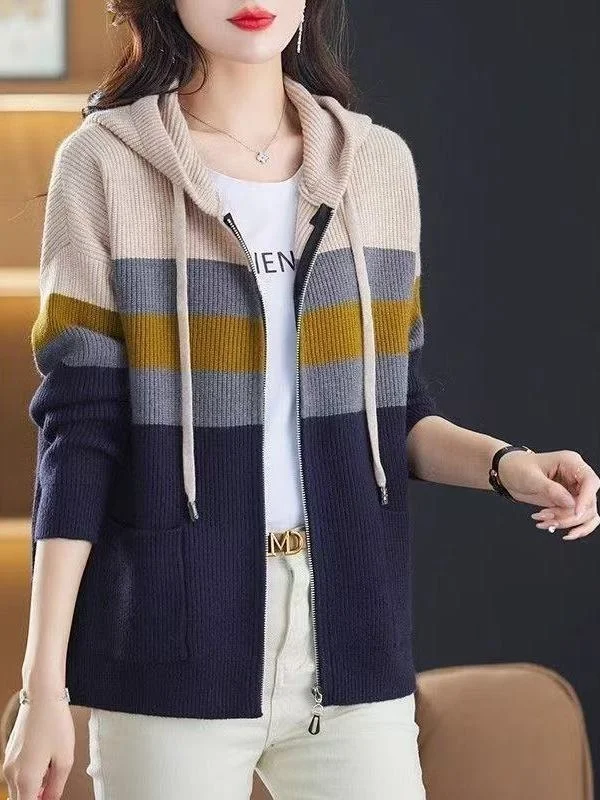 Fashionable Striped Hooded Knitwear Jacket Women's plus Size Outerwear Korean Style Loose Fit Autumn Season High Waist