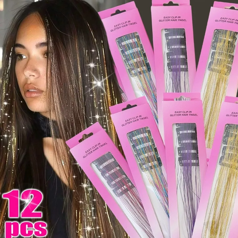 

12Pcs Set Clip-in Hair Tinsel Wig Piece Synthetic Laser Shiny Sparking Clip in Sparkle Hair Accessory for Women Party Headdress