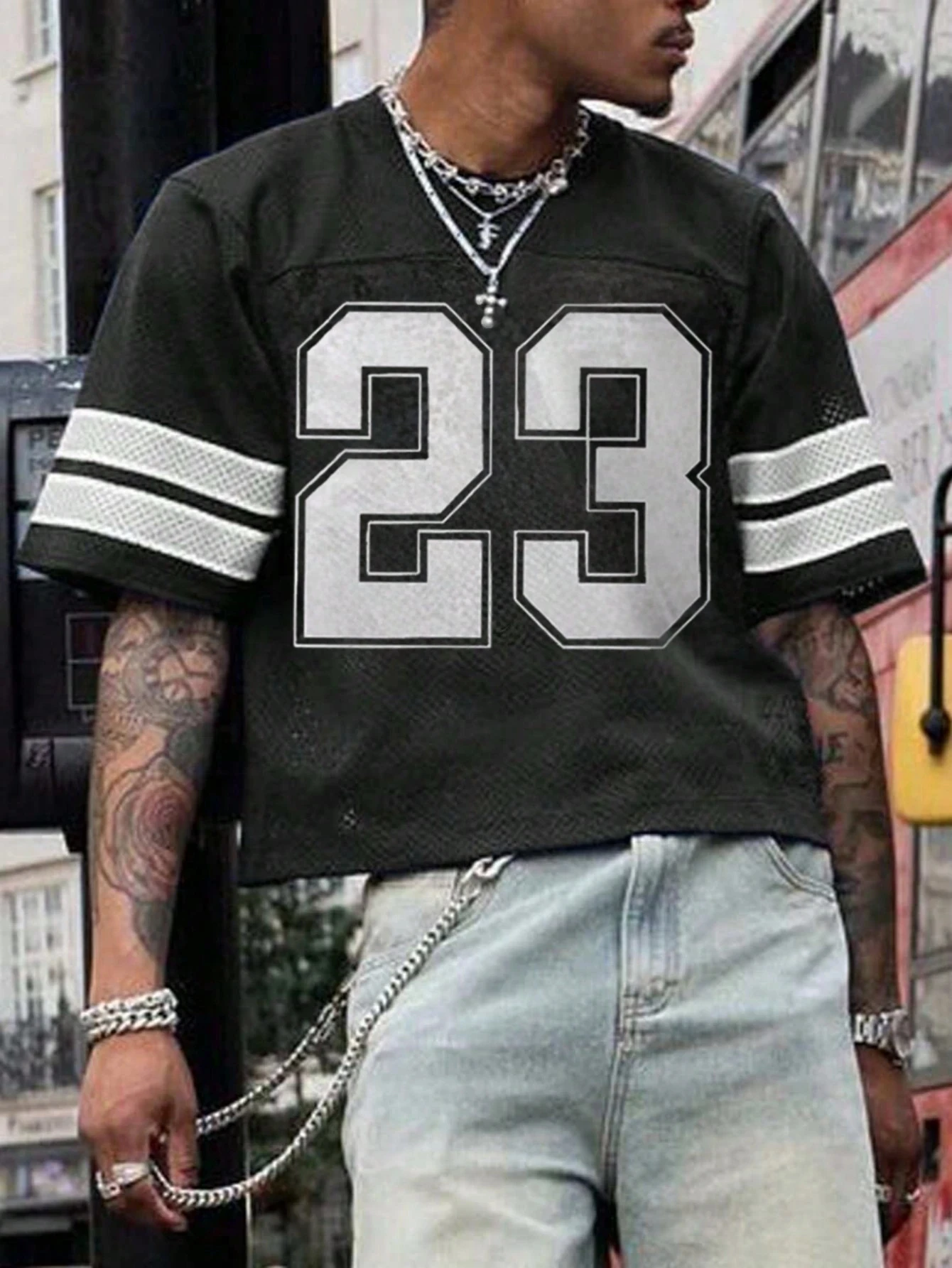 Men Summer Black White Color Block Mesh T-Shirt Number 23 Print Stripe Sleeve Jersey Tee Casual Fashion Top Trendy Y2K Style