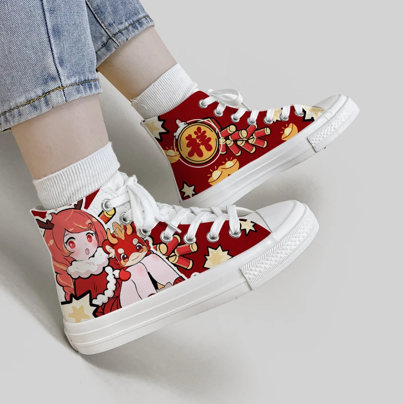 Amy and Michael Original Design Anime Shoes 2024 Spring New Lovely Girls Students High Top Canvas Shoes Hand Painted Sneakers