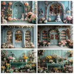 Spring Easter Backdrop for Photography Flower Easter Bunny Eggs Tulips Flower Green Wood Wall Kid Baby Portrait Background Decor