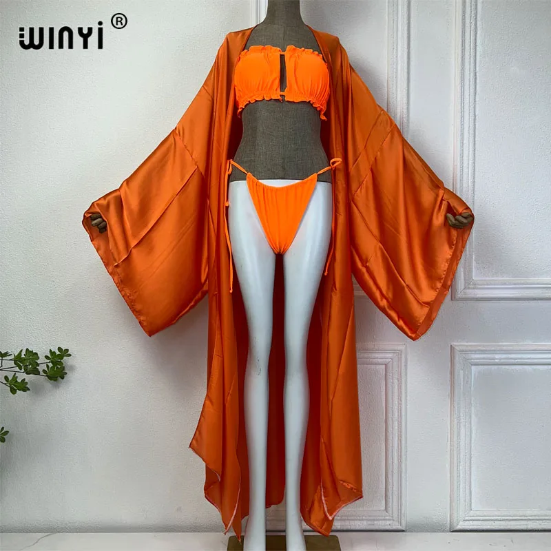 WINYI-vestidos de verano para mujer, conjunto de Bikini de color liso, cárdigan de moda, ropa de playa africana, trajes de playa para mujer 2024