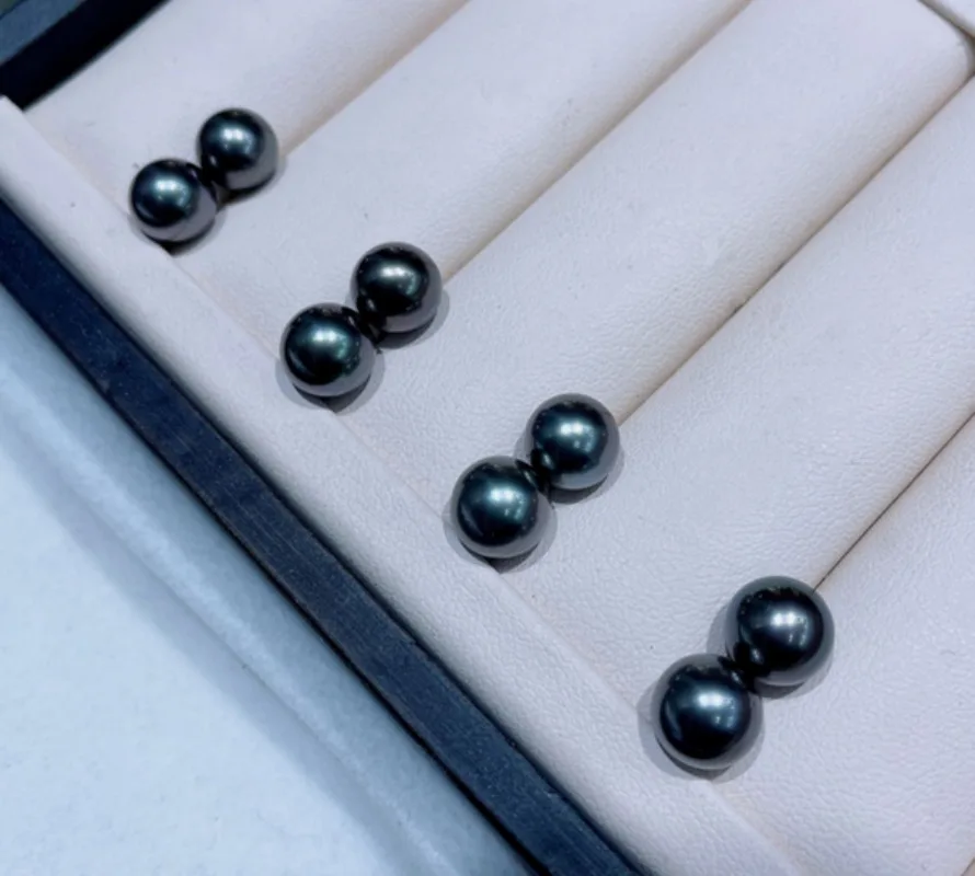 

A Pair 8-9mm Genuine Black Round Loose Pearl Half Drilled Women Wedding Party Jewelry Accessories Necklace Earring Ring Bracelet